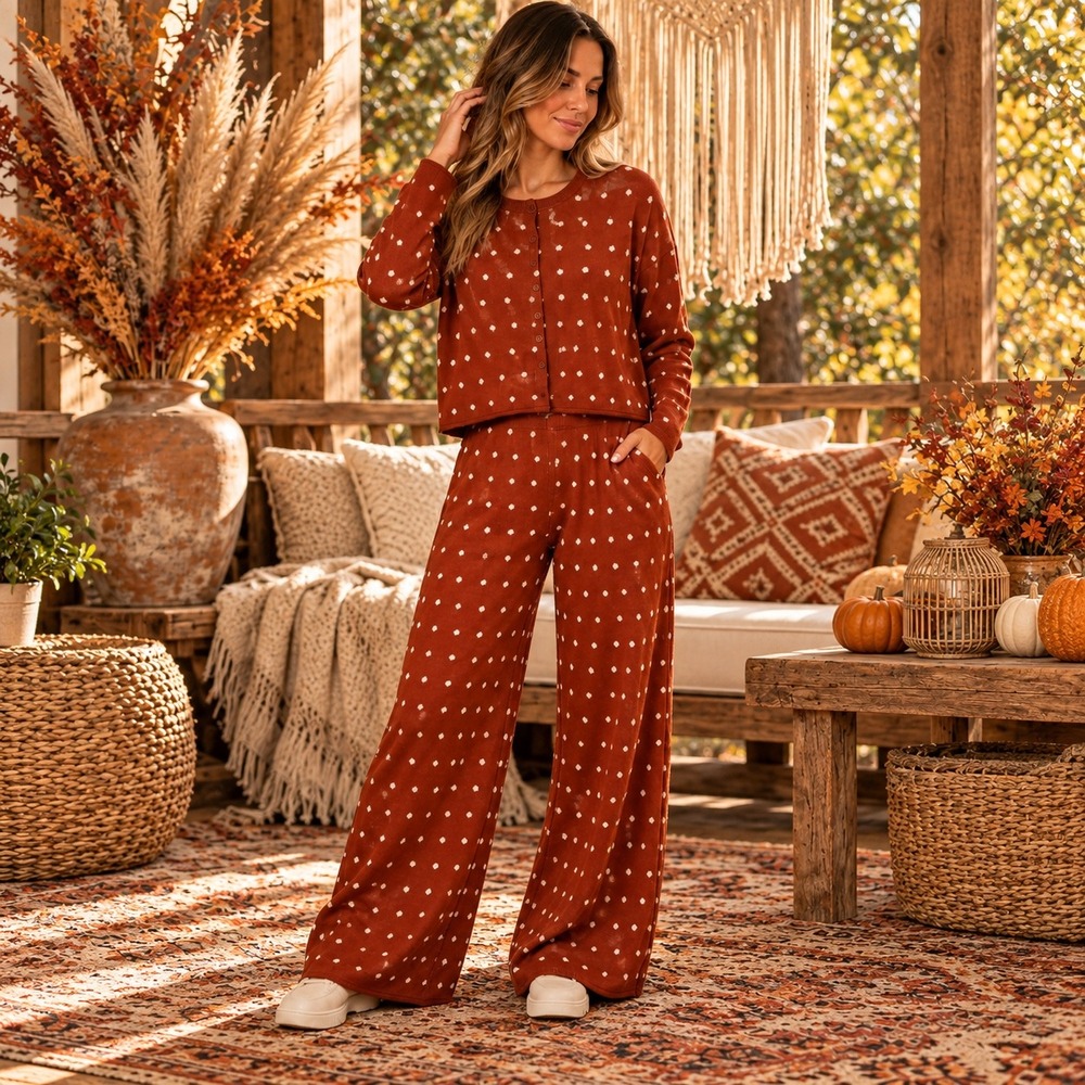 317.New Rareraw Rust Orange Polka Dot Knit Cardigan and Wide Leg Pant Set Small